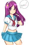  alternate_costume asamiya_athena blush drawfag fingerless_gloves gloves hairband light_smile long_hair midriff one_eye_closed pleated_skirt purple_eyes purple_hair school_uniform serafuku skirt solo the_king_of_fighters 