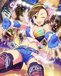  ;d artist_request bare_shoulders belt blue_gloves boots breasts brown_eyes brown_hair choker cleavage crop_top denim denim_shorts earrings fingerless_gloves gloves hairband headset idolmaster idolmaster_cinderella_girls jewelry medium_breasts midriff mizuki_seira navel official_art one_eye_closed open_mouth outstretched_arms short_hair shorts smile solo thigh_boots thighhighs 