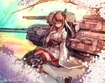  brown_hair cherry_blossoms cis_(carcharias) detached_sleeves fusou_(kantai_collection) japanese_clothes kantai_collection long_hair md5_mismatch nontraditional_miko skirt smile solo thighhighs zettai_ryouiki 