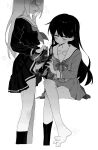  2girls absurdres bang_dream! bang_dream!_it's_mygo!!!!! black_hair black_socks blunt_bangs blush buttons clothes_lift commentary double-breasted dress erection futa_with_female futanari greyscale hanasakigawa_school_uniform hashtag-only_commentary highres holding holding_legwear holding_unworn_clothes kneehighs long_sleeves mcwanderer mole mole_under_eye monochrome motion_lines multiple_girls neck_ribbon neckerchief no_eyes open_mouth penis pleated_skirt puff_of_air purple_eyes ribbon sailor saliva school_uniform shaded_face shiina_taki simple_background single_bare_foot single_kneehigh single_sock skirt skirt_lift socks spot_color sweatdrop tsukinomori_school_uniform twitching wakaba_mutsumi white_background yuri 