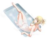  bathing bathtub blonde_hair blue_eyes breasts highres large_breasts looking_at_viewer metroid nipples nude parted_lips partially_submerged ponytail samus_aran sitting solo steam tamamon water 
