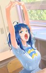  1girl absurdres arms_up blue_bow blue_bowtie blue_eyes blue_hair bow bowtie breasts chair classroom collared_shirt commentary_request desk getabako grey_skirt highres imzen indoors large_breasts looking_at_viewer make_heroine_ga_oo_sugiru! medium_hair messy_hair on_chair open_mouth pleated_skirt school_desk school_uniform shirt shirt_tucked_in short_sleeves sitting skirt solo stretching summer_uniform tented_shirt tsuwabuki_high_school_uniform upper_body white_shirt yanami_anna yawning yellow_bow yellow_bowtie 