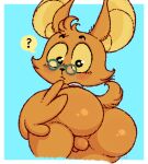 2025 anthro artist_name balls bananapop bat big_butt black_eyes black_nose blush blush_lines butt chikn_nuggit digital_media_(artwork) eastern_red_bat eyewear fur genitals glasses green_eyewear green_glasses hair hi_res looking_at_viewer looking_back low-angle_view male mammal onyn_ring_(chikn_nuggit) orange_body orange_ears orange_fur orange_hair orange_sclera orange_tail penis question_mark rear_view shirt_collar short_tail small_balls small_penis solo speech_bubble tail text thick_thighs three-quarter_view