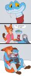 anthro blue_body blue_scales comic dialogue disney fangs female feral fur gary_de'snake grey_body grey_fur group hi_res judy_hopps male mostly_nude nick_wilde orange_body orange_fur phoenixfire pointy_ears rabbit_ears scales scarf scarf_only simple_background teeth trio zootopia