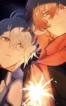  2boys absurdres antenna_hair black_sweater blonde_hair blue_eyes braid commentary facial_tattoo fireworks gradient_hair highres holding holding_fireworks honkai:_star_rail honkai_(series) jianlu389 looking_at_another male_focus medium_hair multicolored_hair multiple_boys mydei_(honkai:_star_rail) night parted_bangs parted_lips phainon_(honkai:_star_rail) red_hair red_scarf red_tattoo scarf short_hair side_braid sky sparkler sweater symbol-only_commentary tattoo white_hair yellow_eyes 