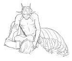 abs breasts clothing duo edward_(starfleetrambo) female hair horn human lying male male/female mammal marine marine_taur merfolk monochrome monster nipples on_back oskar_(starfleetrambo) simple_background siren_and_scientist sketch split_form starfleetrambo taur topwear trans_(lore) trans_man_(lore)