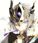 1boy blue_eyes fate/grand_order fate_(series) gao_changgong_(fate) hair_between_eyes horned_headwear looking_at_viewer male_focus mask naruwe short_hair silver_hair simple_background smile solo white_background 