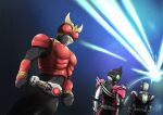  3boys armor black_bodysuit bodysuit cowboy_shot hashtag-only_commentary helmet highres in-franchise_crossover kamen_rider kamen_rider_dcd kamen_rider_decade kamen_rider_kuuga kamen_rider_kuuga_(series) kamen_rider_zi-o kamen_rider_zi-o_(series) male_focus multiple_boys naitsupic red_armor red_eyes rider_belt tokusatsu 