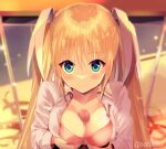  1boy 1girl aqua_eyes blonde_hair blurry blurry_background blush bra breasts censored classroom cleavage closed_mouth commentary_request commission dress_shirt dusk eyes_visible_through_hair grabbing_own_breast hair_between_eyes hair_ribbon hetero indoors large_breasts light_particles little_busters! long_hair long_sleeves looking_at_viewer mosaic_censoring open_clothes open_shirt paizuri penis pink_bra precum ribbon sabi_(sabilder) shirt sidelighting skeb_commission smile solo_focus split_mouth straight_hair tokido_saya twitter_username two_side_up underwear upper_body upturned_eyes variant_set very_long_hair white_ribbon white_shirt 