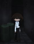  brown_hair dark expressionless glasses harinezumi_(pixiv) looking_at_viewer male_focus mark_(s//d) s//d shirt solo walking 