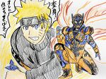  1boy absurdres alternate_universe armor belt blonde_hair blue_eyes bodysuit commentary_request facial_mark flak_jacket forehead_protector helmet highres holding igomaru jacket kamen_rider kamen_rider_shinobi kamen_rider_zi-o_(series) konohagakure_symbol male_focus naruto_(series) naruto_shippuuden ninja orange_armor orange_bodysuit orange_helmet rider_belt short_hair smile spiked_hair tokusatsu uzumaki_naruto whisker_markings 