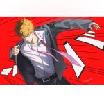  1boy border closed_eyes closed_mouth collared_shirt emphasis_lines floating_neckwear grey_jacket grey_suit haekchi hashtag-only_commentary highres jacket letterboxed male_focus mob_psycho_100 necktie purple_necktie red_background reigen_arataka shirt shirt_tucked_in solo suit suit_jacket undone_necktie white_border white_shirt 