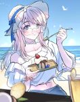  1girl absurdres bang_dream! bang_dream!_it's_mygo!!!!! beach blue_eyes blush bracelet chinese_commentary commentary_request cup detached_sleeves glasses hat hero45439083942 highres jewelry long_hair midriff nagasaki_anna navel ocean original outdoors pink_hair shirt single_off_shoulder solo sun_hat textless_version tied_shirt white_hat white_shirt 