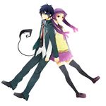  1boy 1girl ao_no_exorcist back-to-back blue_eyes blue_hair couple demon_tail eyebrows hime_eyebrows kamiki_izumo necktie okumura_rin purple_hair red_eyes school_uniform smile tail thighhighs twintails vest 