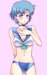  :o bishoujo_senshi_sailor_moon blue_choker blue_eyes blue_hair blue_panties blue_sailor_collar blush bow bra breasts choker cleavage cowboy_shot crop_top ear_blush kikumaru_bunta looking_at_viewer medium_breasts mizuno_ami nail_polish navel panties pink_background ribbon sailor_collar sailor_mercury sailor_moon_narikiri_bra_set sailor_senshi_uniform short_hair solo stomach tiara underwear underwear_only 