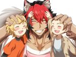  1girl 2boys animal_ears apron black_hair blush child collarbone commentary_request dog_boy dog_ears dog_tail hand_in_another's_hair highres komano_manato multicolored_hair multiple_boys muscular muscular_male pink_apron red_hair scar scar_on_face size_difference smile tail take_eokiba zenless_zone_zero 