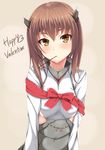  absurdres bow brown_eyes brown_hair flat_chest food headband headgear highres kantai_collection looking_at_viewer nekur pocky ribbon short_hair solo taihou_(kantai_collection) valentine 