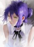  1girl absurdres black_choker black_ribbon chainsaw_man choker closed_mouth collared_shirt commentary green_eyes hair_between_eyes hair_bun highres hozo203 long_hair_between_eyes looking_to_the_side neck_ribbon purple_hair reze_(chainsaw_man) ribbon shirt sleeveless sleeveless_shirt solo upper_body white_shirt 