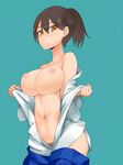  blush breasts brown_eyes brown_hair comic japanese_clothes kaga_(kantai_collection) kantai_collection large_breasts looking_at_viewer nac000 nipples open_clothes open_mouth open_shirt pubic_hair shirt short_hair side_ponytail 