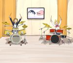  2girls bocchi_the_rock! character_request crossover drum drum_set gotoh_hitori gotoh_hitori_(tsuchinoko) highres ijichi_nijika instrument k-on! multiple_girls omachi_(slabco) parody photo-referenced sakuragaoka_high_school_uniform school_uniform tainaka_ritsu yamaha 