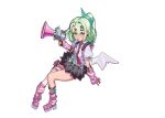  1girl bandaid bandaid_hair_ornament black_skirt chinatsu_remiel commentary dated_commentary earrings full_body fur-trimmed_skirt fur_trim green_eyes green_hair hair_ornament heart heart_hair_ornament holding holding_megaphone invisible_chair jewelry leg_warmers looking_at_viewer megaphone mrdog_2000 multiple_hair_clips multiple_thigh_straps musical_note_earrings necktie open_mouth pink_arm_warmers pink_bag pink_leg_warmers pink_shoes ponytail red_necktie shirt shoes simple_background sitting skirt solo striped_arm_warmers striped_leg_warmers thigh_strap white_background white_shirt white_wings winged_bag wings zenless_zone_zero 
