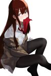  1girl alaniz_(lafertealanis) belt black_pantyhose black_shorts brown_hair collared_shirt commentary crossed_legs dress_shirt hair_between_eyes highres jacket long_hair long_sleeves looking_at_viewer makise_kurisu mouth_hold narrowed_eyes necktie necktie_in_mouth open_collar pantyhose pantyhose_under_shorts purple_eyes red_necktie science_adventure shirt shorts simple_background sitting solo steins;gate white_background white_shirt 