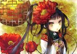  absurdres black_hair braid chinese_clothes copyright_request floral_print flower hair_ornament hair_stick hands_in_opposite_sleeves hanfu highres katagiri_hinata long_hair long_sleeves looking_at_viewer own_hands_together parted_lips peony_(flower) red_flower round_window solo twin_braids upper_body white_flower wide_sleeves yellow_eyes 