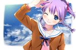  ;) bad_id bad_pixiv_id blue_eyes bow braid cloud day hair_bow jacket looking_at_viewer one_eye_closed purple_hair quad_tails sky smile solo sudou_cecil twin_braids ume_(plumblossom) wizard_barristers:_benmashi_cecil 