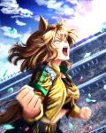  animal_ears bandeau black_bandeau blue_skirt blue_sky braid brown_hair closed_eyes cloud commentary_request confetti hair_between_eyes hair_ornament hairclip half_up_braid half_up_half_down_braid highres horse_ears horse_girl horse_tail jacket jungle_pocket_(champion's_battle_cry)_(umamusume) jungle_pocket_(umamusume) long_sleeves medium_hair midriff navel open_mouth outdoors shouting skirt sky smile tail teeth umamusume umamusume:_beginning_of_a_new_era upper_teeth_only ya-ya yellow_bandeau yellow_jacket 