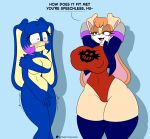 2025 alternate_costume anthro big_breasts blue_body blush breasts brown_eyes brown_hair clothing clothing_swap covering covering_breasts covering_crotch dialogue duo eggman_logo english_text eyelashes fan_character female flashpointgear flashy_the_rabbit hair hands_behind_head head_tuft hi_res highlights_(coloring) jacket lagomorph legwear leotard leporid long_ears mammal purple_highlights rabbit raised_arms sega sonic_the_hedgehog_(series) tan_body text thick_thighs thigh_highs topwear tuft vanilla_the_rabbit worried_look