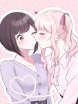  1girl 1other akiyama_mizuki bob_cut brown_eyes brown_hair buttons cardigan closed_eyes closed_mouth collared_shirt commentary flower heart highres incoming_kiss k0noe long_hair looking_at_another one_eye_closed other_with_female outline parted_lips pink_shirt polka_dot polka_dot_background project_sekai purple_cardigan shinonome_ena shirt short_hair side_ponytail sidelocks upper_body 