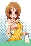  breasts breasts_outside brown_eyes brown_hair glass halftone halftone_background happinesscharge_precure! large_breasts milk oomori_yuuko overalls precure ryuuta_(cure_ryuuta) shirt short_hair smile solo 