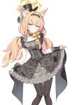  1girl absurdres animal_ear_fluff animal_ears black_hat black_pantyhose black_skirt blue_archive blush cat_ears cat_girl closed_mouth commentary earrings grey_shirt halo hat high-waist_skirt highres implied_extra_ears jewelry long_hair looking_at_viewer low_twintails mari_(blue_archive) mari_(idol)_(blue_archive) mini_hat mini_top_hat official_alternate_costume official_alternate_hairstyle orange_hair pantyhose shirt skirt sleeveless sleeveless_shirt smile sob_(submar1089) solo top_hat twintails wrist_cuffs yellow_halo 