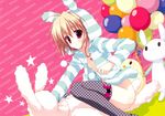  absurdres animal_ears animal_hood balloon black_legwear brown_hair bunny_ears bunny_hood highres hood hoodie naked_hoodie pink_eyes polka_dot polka_dot_legwear pom_pom_(clothes) ryouka_(suzuya) scan striped striped_hoodie stuffed_animal stuffed_bunny stuffed_toy thighhighs 