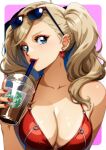  1girl absurdres bikini blonde_hair blue_eyes breasts cleavage collarbone commentary cup disposable_cup drinking drinking_straw earrings english_commentary eyeliner eyewear_on_head gravydood highres holding holding_cup jewelry large_breasts makeup morgana_(persona_5) persona persona_5 red_bikini red_eyeliner red_lips red_nails solo sunglasses swimsuit takamaki_anne twintails upper_body 