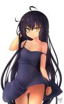  black_dress black_hair collarbone covered_navel dress hand_in_hair highres long_hair looking_at_viewer master_nemesis no_panties pussy signature simple_background solo strap_slip tilt-shift to_love-ru to_love-ru_darkness very_long_hair white_background yellow_eyes 