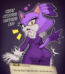 ambiguous_gender anthro big_butt blaze_the_cat butt clothing dialogue domestic_cat dress english_text felid feline felis female forehead_gem fur gem glare glaring_at_viewer gloves hair handwear heart_symbol hi_res looking_at_viewer mammal offscreen_character orange_eyes ponytail purple_body purple_fur sega sirsmolnsfw solo sonic_the_hedgehog_(series) tail text the_murder_of_sonic_the_hedgehog tight_clothing white_body white_fur