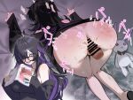  1boy 1girl ass bags_under_eyes bar_censor black_cardigan black_dress book bottomless breasts cardigan censored clothes_lift colored_inner_hair commentary_request demideus disembodied_penis dress dress_lift female_ejaculation female_pervert glasses goddess_of_victory:_nikke hair_over_one_eye hetero highres holding holding_book label_(nikke) large_breasts long_hair multicolored_hair nervous_smile penis pervert pornography purple_eyes purple_hair purple_streaks pussy pussy_juice sex sex_from_behind slap_mark sleeves_past_wrists smile spread_pussy streaked_hair stuffed_animal stuffed_rabbit stuffed_toy sweat top-down_bottom-up two-tone_hair vaginal 