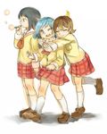  aioi_yuuko black_eyes black_hair blue_hair brown_hair bubble glasses hug long_hair minakami_mai mogura_(nichijou) multiple_girls naganohara_mio nantoka nichijou one_eye_closed school_uniform short_hair smile tokisadame_school_uniform twintails wince 