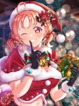  1girl absurdres alternate_costume bell black_gloves blurry blurry_background box breasts christmas commentary_request dress gift gift_box gloves hat highres holding iroenpitsu_xxx long_hair looking_at_viewer love_live! love_live!_sunshine!! medium_breasts navel neck_bell one_eye_closed orange_eyes orange_hair santa_costume santa_dress santa_hat smile solo takami_chika teeth tree_costume upper_body watermark 