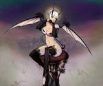  black_gloves black_legwear breasts city demon_girl gloves high_heels horns large_breasts original pointy_ears sitting solo succubus tail thighhighs white_hair wings wiz_(sadosuki) 