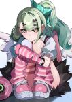  1girl bandaid bandaid_hair_ornament black_skirt chinatsu_remiel closed_mouth commentary_request earrings fur-trimmed_skirt fur_trim green_eyes green_hair hair_intakes hair_ornament head_on_knees head_rest heart heart_hair_ornament highres hugging_own_legs jewelry knees_up leg_warmers long_hair looking_at_viewer multiple_hair_clips multiple_thigh_straps musical_note_earrings pink_arm_warmers pink_bag pink_leg_warmers pink_shoes ponytail shadow shirt shoes sitting skirt solo striped_arm_warmers striped_leg_warmers thigh_strap user_yerf5583 white_background white_shirt white_wings winged_bag wings zenless_zone_zero 