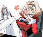  1girl anger_vein asahi_breweries beer_can belt black_belt black_bow black_bowtie black_pantyhose blue_eyes bow bowtie breasts can chair cigarette commentary_request dress drink_can ebi_(shrimp_eleven) fur-trimmed_dress fur_trim glasses gradient_hair griselle_(pokemon) highres holding holding_can long_sleeves medium_breasts multicolored_hair open_mouth orange_hair pantyhose pokemon pokemon_legends:_z-a ponytail red_dress red_hair santa_costume santa_dress sitting smoking two-tone_hair unown unown_a unown_d unown_e unown_h unown_p unown_r unown_s unown_u unown_y unownglyphics white-framed_eyewear white_hair 