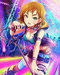  aqua_eyes artist_request belt brown_hair earrings faceless faceless_male freckles glowstick idolmaster idolmaster_cinderella_girls jewelry kate_(idolmaster) microphone microphone_stand necklace official_art out_of_frame ring short_hair solo_focus thighhighs 