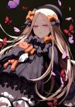  1girl abigail_williams_(fate) black_dress blonde_hair bloomers bow bug butterfly commentary_request dress expressionless fate/grand_order fate_(series) hair_bow hat highres long_hair looking_at_viewer multiple_hair_bows parted_lips red_eyes sleeves_past_fingers sleeves_past_wrists solo stuffed_animal stuffed_toy sumi_(gfgf_045) teddy_bear very_long_hair 