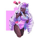  1girl absurdres animal_ears blush breasts commentary_request dark-skinned_female dark_skin ebi_(shrimp_eleven) fascinator fishnet_pantyhose fishnets gloves gold_ring hair_ornament highres jacinthe_(pokemon) large_breasts leotard long_hair looking_at_viewer low_drills mega_stone open_mouth pantyhose playboy_bunny pokemon pokemon_legends:_z-a purple_eyes purple_hair purple_leotard rabbit_ears rabbit_tail smile solo tail teeth upper_teeth_only very_dark_skin white_gloves 