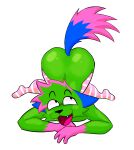 2025 absurd_res all_fours anthro ass_up blue_ears blue_tail clothing digital_media_(artwork) epic_face felid footwear fur green_body hi_res jandroline kevin_(nyanwolf) legwear male mammal open_mouth pink_body pink_clothing pink_footwear pink_fur pink_socks sharp_teeth simple_background socks tail teeth thigh_highs tongue white_background