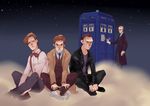  absurdres bow bowtie brown_hair doctor_who eleventh_doctor formal froc_coat highres jacket leather leather_jacket multiple_boys necktie ninth_doctor police_box raincoat rishangsangan short_hair suit suspenders tardis tenth_doctor the_doctor time_machine twelfth_doctor 