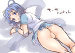  1girl ass blue_dress blue_eyes blue_hair blue_skirt blush breasts censored colored dress frilled_dress frills from_behind hair_ornament hair_rings hair_stick kaku_seiga looking_at_viewer looking_back lying on_stomach open_mouth puffy_sleeves pussy shawl short_sleeves simple_background sketch skirt smile solo spirytus_tarou text touhou wrist_cuffs 