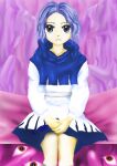  1girl blue_eyes blue_hair blue_hood commentary_request dress hood hood_down kams kumoi_ichirin looking_at_viewer own_hands_together red_eyes sash sitting thighs touhou white_dress 
